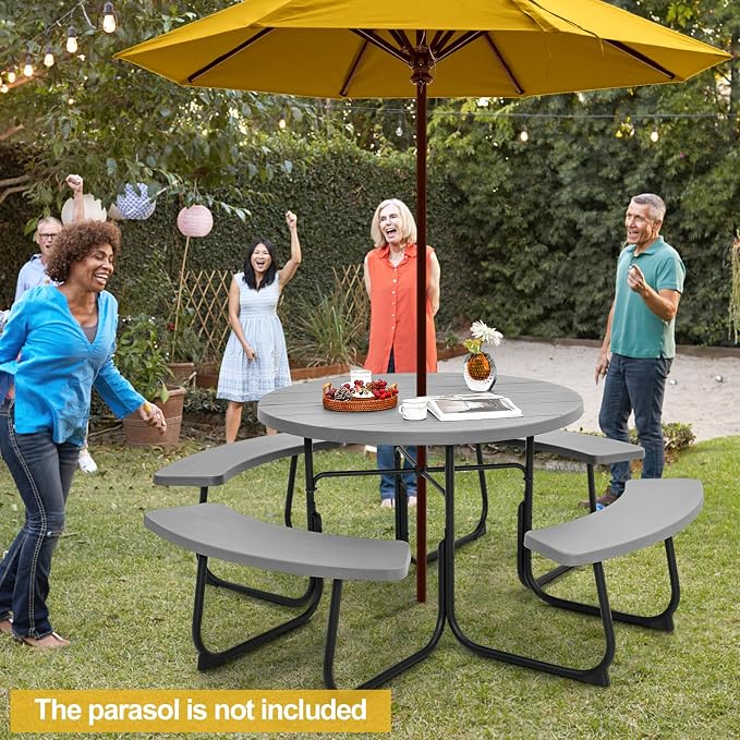 Round Picnic Table for 8 Person, Outside Table Bench Set w/ 4 Built-in Benches, Umbrella Hole, HDPE Top & Metal Frame, 2000LBS Capacity Outdoor Picnic Table for Garden, Porch, Patio (Grey)