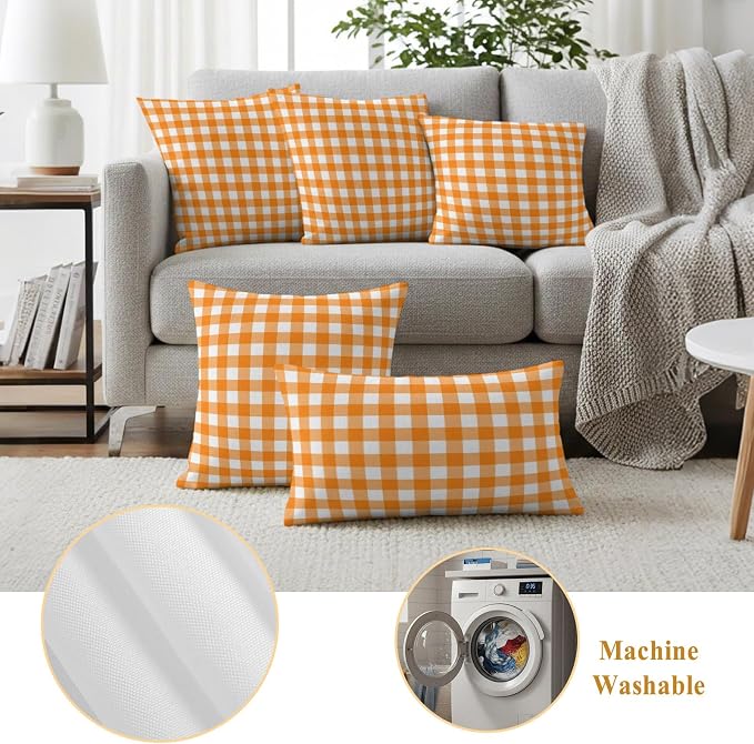 Orange Checks Outdoor Pillow Covers 16"x16" Set of 2, White Gingham Plaid Abstract Modern Summer Waterproof Throw Pillow Covers for Patio Furniture, Decorative Cushion Covers for Porch