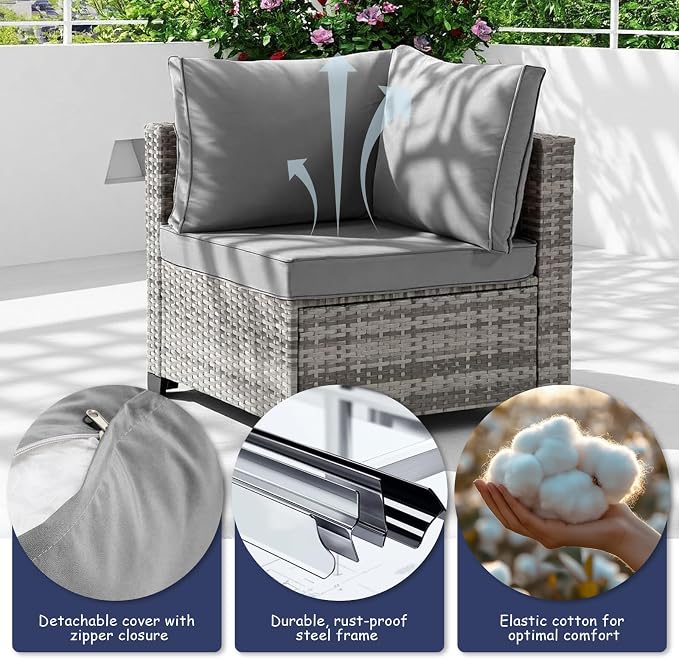 5-Piece Outdoor Patio Furniture Set, PE Rattan Weaving Sofa with Light Grey Cushions and Steel Frame, Coffe Table Included, Outdoor Conversation Set Grey