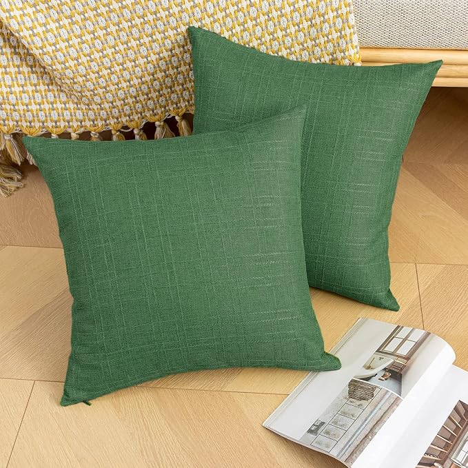 Kevin Textile Outdoor Waterproof 16”x16” Pillow Covers 2 Pack, Dark Green | Water Resistant, Soft Faux Linen-cotton Yarn-dyed Woven Texture Throw Pillow Covers for Tent Patio Garden Couch Sofa