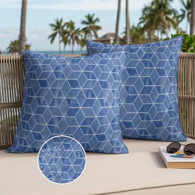 Blue Honeycomb Tiling Waterproof Outdoor Pillow Covers Set of 2 Home Decor, Wooden Grain Blocks Lumbar Pillowcase Patio Pillow Covers for Couch Bench Patio Furniture Garden 20x20in