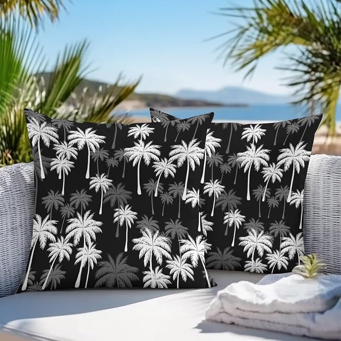 Throw Pillow Covers 18x18 Inch Set of 2, Tropical Palm Tree Waterproof Outdoor Pillow Covers, Black White Plants Coastal Leaf Beach Decorative Cushion Pillowcases for Couch, Sofa, Bed, Garden, Patio