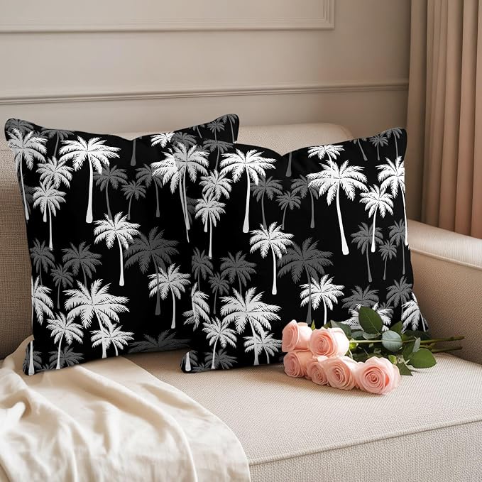 Throw Pillow Covers 18x18 Inch Set of 2, Tropical Palm Tree Waterproof Outdoor Pillow Covers, Black White Plants Coastal Leaf Beach Decorative Cushion Pillowcases for Couch, Sofa, Bed, Garden, Patio