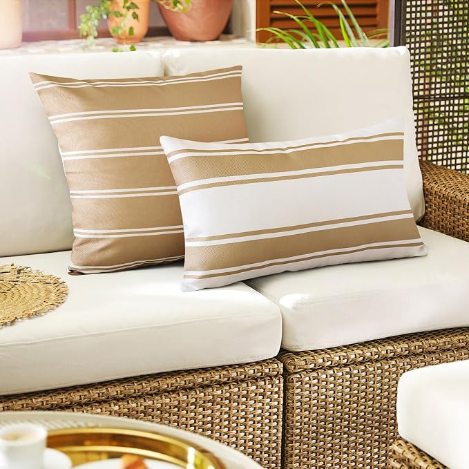 OTOSTAR Outdoor Waterproof Decorative Throw Pillow Covers 20x20 Inch Geometry Pillow Cases Square Cushion Case Garden Pillow Covers Pillows Shell for Patio Furniture Couch Tent Set of 4 (Light Coffee)