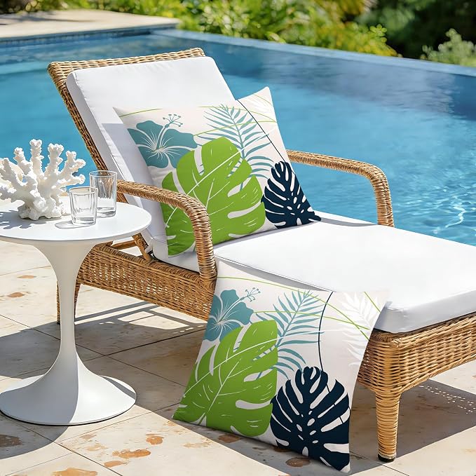 OTOSTAR Outdoor Waterproof Throw Pillow Covers 18x18 Inch Set of 2 Double-Sided Light Green Blue Tropical Leaf and Flower Spring Summer Decorative Pillow Cases for Patio Funiture Garden Balcony Couch
