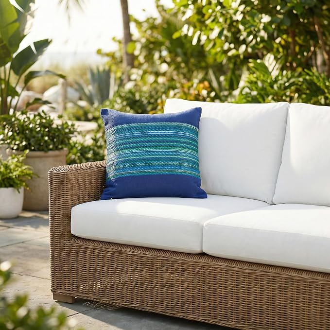 Fab Habitat Indoor/Outdoor Throw Pillow Made from Recycled Polyester Yarn - Double Sided, Stain Resistant, Machine Washable - Bohemian - Patio, Deck, Porch, Living Room - Cancun - Blue - (20" x 20")