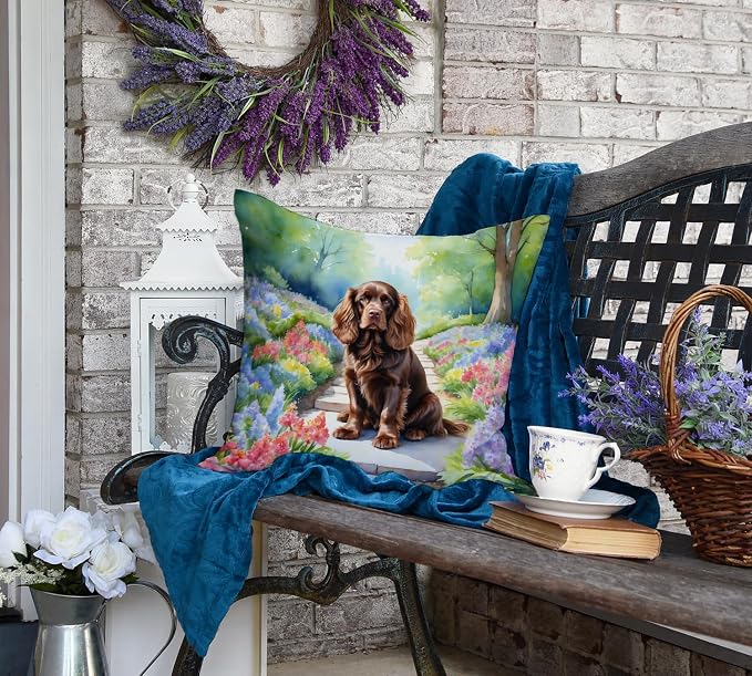 Caroline's Treasures Sussex Spaniel Spring Path Throw Pillow Machine Washable, Indoor Outdoor Decorative Pillow for Couch, Bed or Patio, 18Hx18W
