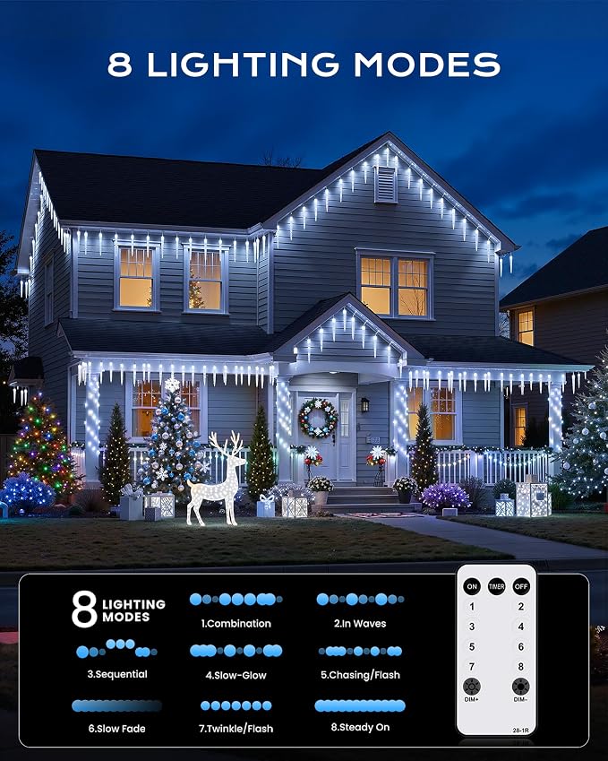 Brightown Icicle Lights Outdoor with Remote, 2 Pack Total 40ft 40 Tubes 200 LED Ice Shape String Lights, Connectable Hanging Christmas Decoration Lights for Tree Patio Roof Holiday Decor, Cool White