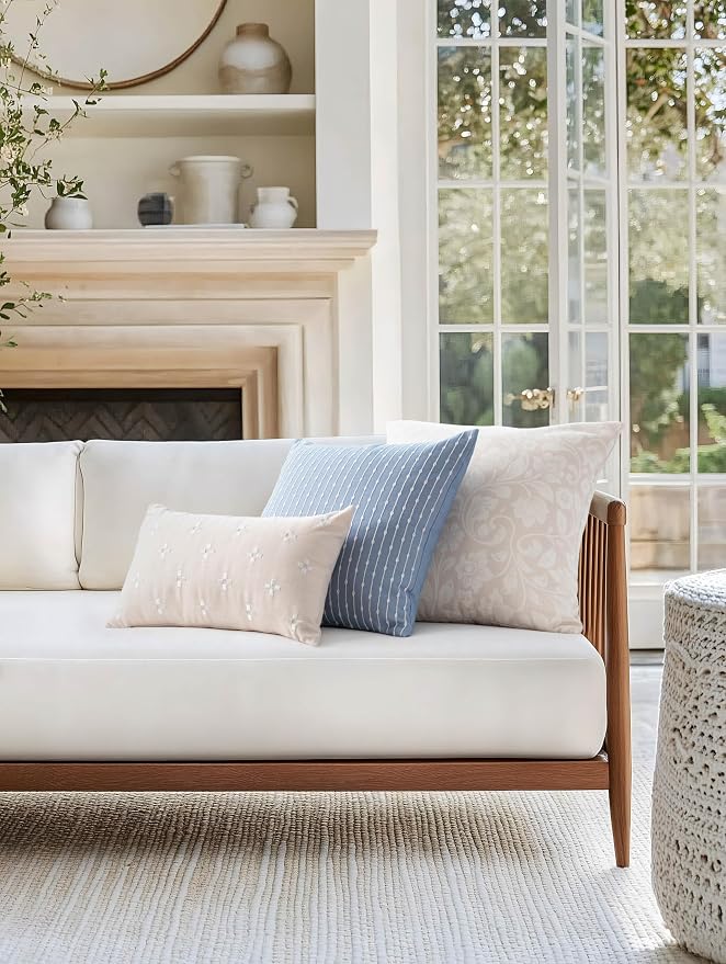 Coastal Linen Indoor Outdoor Throw Pillow Cover Only, 22"x22" Water Repellent for Patio, Backyard, Couch, Neutral Beige Floral