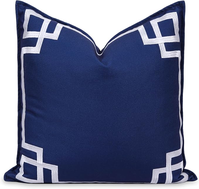 Hofdeco Premium Coastal Patio Indoor Outdoor Throw Pillow Cover Only, 20"x20" Water Repellent for Backyard, Couch, Navy Blue Embroidered Frame Greek Key