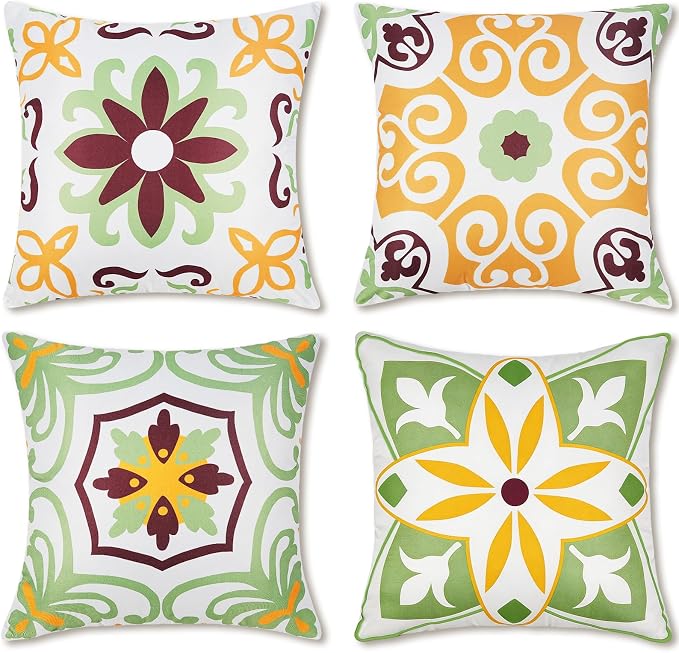 Pyonic Sage Green Outdoor Pillows Waterproof Throw Pillow Covers Set of 4 | Floral Printed and Boho Farmhouse Outdoor Pillow Covers for Patio Funiture Garden 18x18 Inch