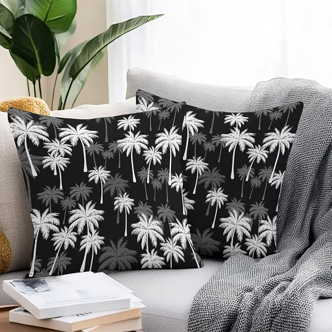 Throw Pillow Covers 18x18 Inch Set of 2, Tropical Palm Tree Waterproof Outdoor Pillow Covers, Black White Plants Coastal Leaf Beach Decorative Cushion Pillowcases for Couch, Sofa, Bed, Garden, Patio