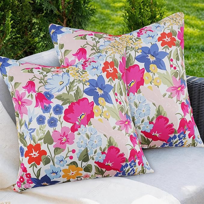 Adabana Outdoor Waterproof Floral Pillow Covers 18x18 Inch | Colorful Outdoor Pillow Covers Summer Decirative for Patio Furniture Porch Garden Pillows