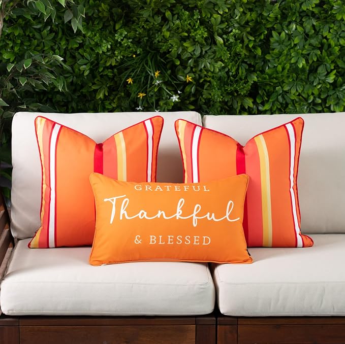 Hofdeco Porch Patio Indoor Outdoor Lumbar Pillow Cover ONLY for Backyard, Couch, Sofa, Grateful Thankful, 12inchx20inch, Orange (03-0411-13)