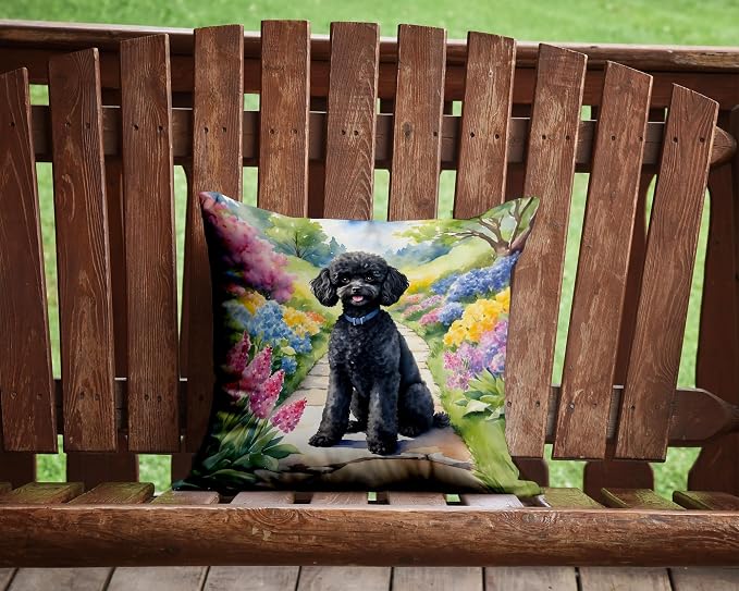 Caroline's Treasures Black Poodle Spring Path Throw Pillow Machine Washable, Indoor Outdoor Decorative Pillow for Couch, Bed or Patio, 14Hx14W