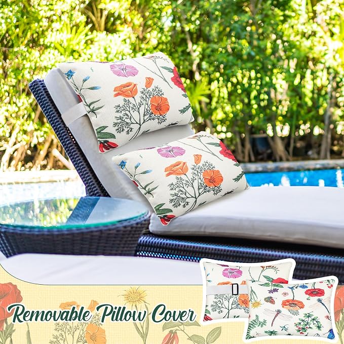 Juexica 2 Pack Chaise Lounge Pillow with Strap Outdoor Waterproof Beach Chair Neck Headrest Pillow Adjustable Elastic Band for Hammock Lumbar Recliner Pillows for Patio Pool Chair(Colorful Floral)