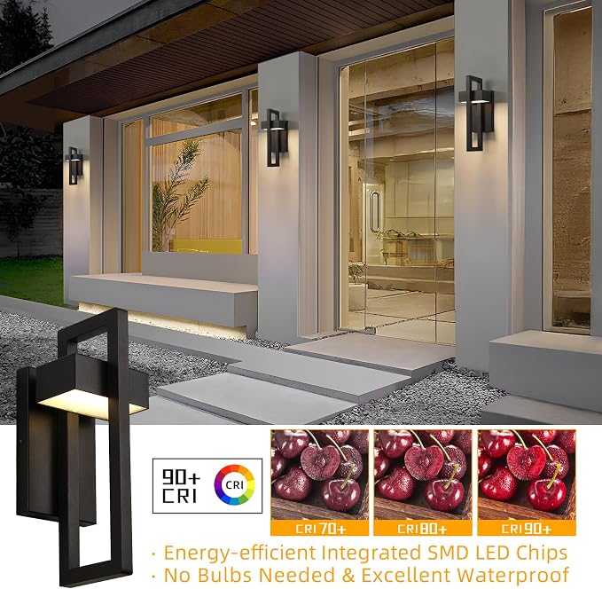LED Outdoor Wall Sconce Modern Exterior Lighting Fixtures, Matte Black Outdoor Front Porch Lights LED Outside Wall Mount Lights for House, Hallway, Warm White 3000K, 2 Pack