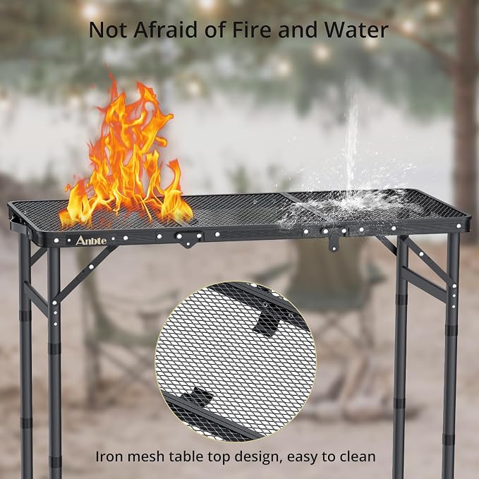 Anbte Folding Grill Table, 3ft Tri-Fold Aluminum Folding Table Adjustable Height Max 27.5" Grill Table with Mesh Desktop, Lightweight, Portable Handle for Outdoor Cooking BBQ Picnic (Black)