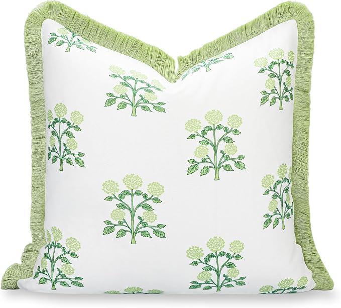 Hofdeco Premium Grandmillennial Coastal Hampton Patio Indoor Outdoor Throw Pillow Cover Only, 20"x20" Water Repellent for Backyard, Couch, Poolside, Grass Green Print Hydrangea Flowers