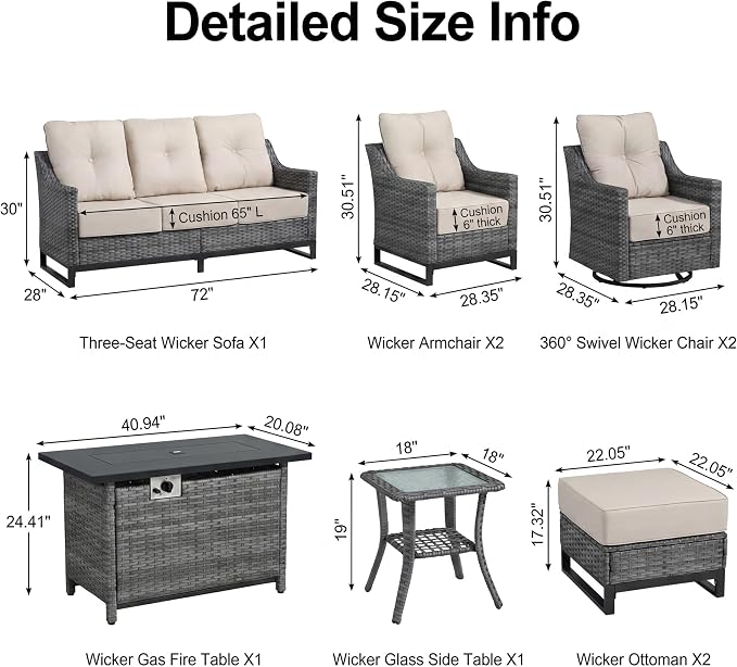 9 Piece Patio Furniture Set with 6" Thick Cushions, Weather-Resistant Wicker Swivel Rocker High Back Chairs and Fire Pit Table for Porch Yard Deck
