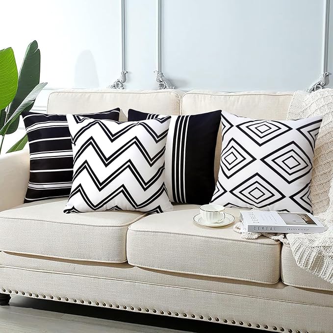 Adabana Set of 4 Outdoor Waterproof Pillow Covers 18x18 Black and White | Modern Geometric Throw Pillows Cover Decorative Boho Pillow Covers for Patio, Garden, Porch
