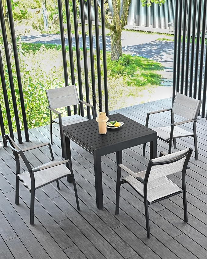 4 Pieces Outdoor Stackable Dining Chairs, Never-Rust Aluminum Stackable Patio Chairs, Patio Dining Chair Set of 4 with Double-Layer Thickened Textilene for Deck, Garden, Poolside, Limed Oak