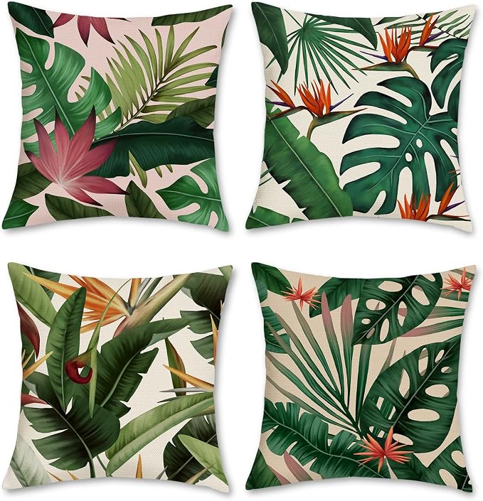 Bonhause Tropical Leaves Throw Pillow Covers 18x18 Set of 4 Green Palm Leaf Monstera Botanical Pillows Case Polyester Linen Cushion Covers for Outdoor Couch Sofa Patio Decor