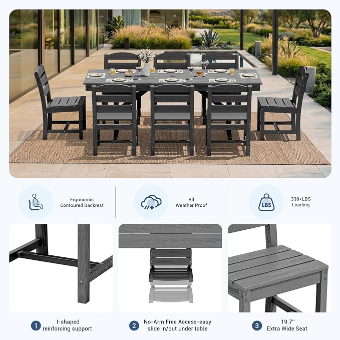 KINGYES Outdoor Armless Dining Chairs Set of 6,All-Weather HDPE Patio Chairs for Backyard,Pooside,Grey
