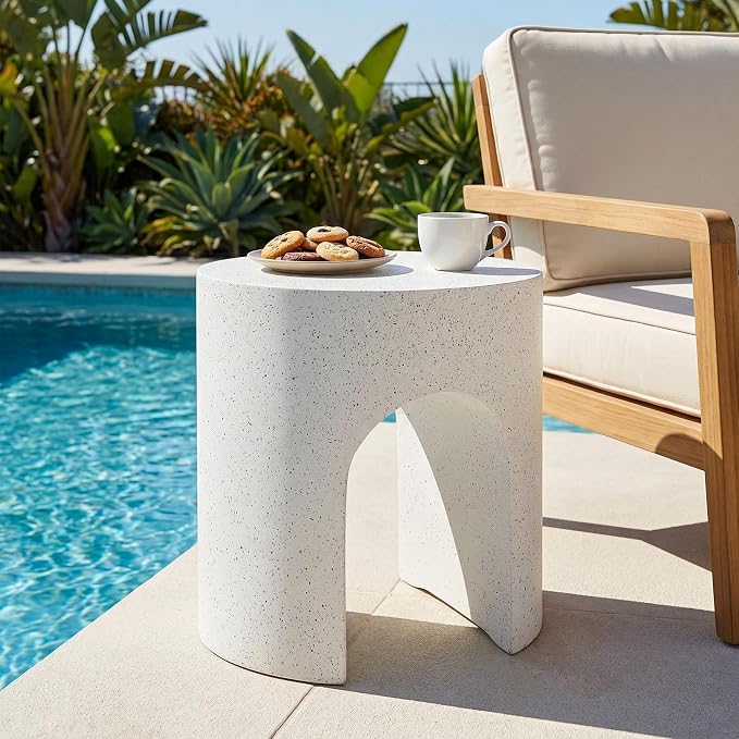 HOMPUS Outdoor Side Table w Hollow Arch, Concrete End Table, Round Patio MgO Coffee Lightweight Table, Modern Accent Vintage Garden Planter Stand for Indoor Outdoor Use, Spotted White