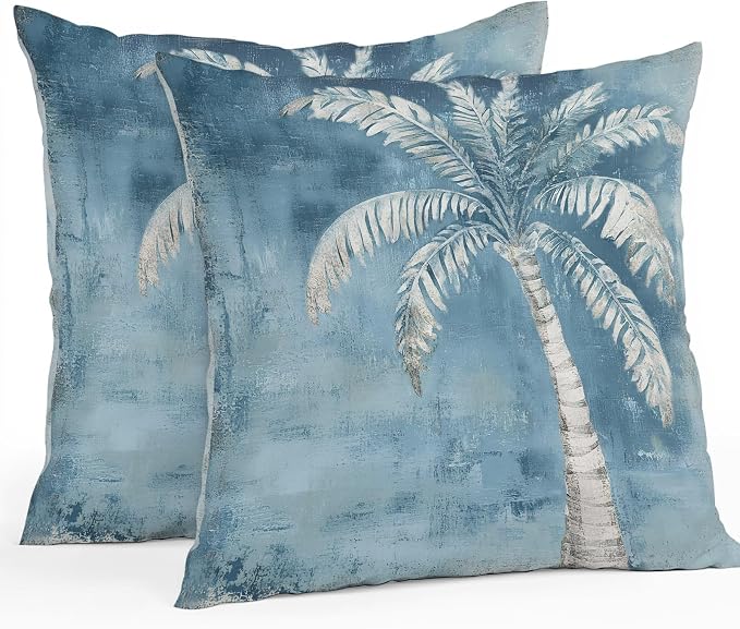 Coastal Beach Tree Blue Grey Outdoor Waterproof Pillow Covers, Vintage Summer Palm Tree Decorative Square Throw Pillowcase, Tropical Botanical Sofa Cushion Sham for Patio/Couch/Chair, 26"x26" 2 Pack