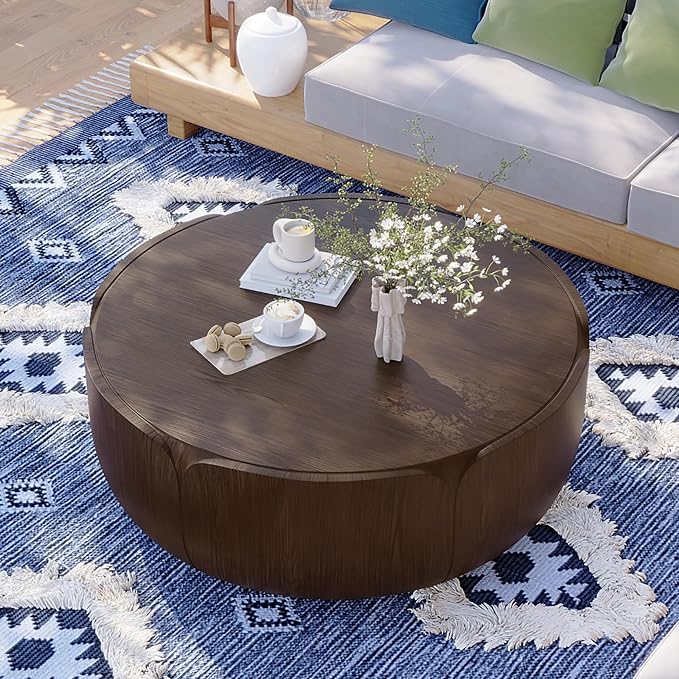 36" Round Outdoor Coffee Table Brown Waterproof Sturdy MGO Wood Texture Grain Drum Center Table for Patio Garden Backyard Living Room, No-Assembly