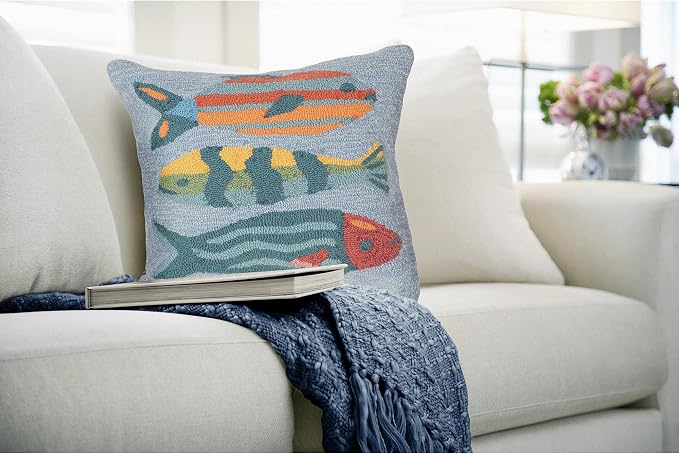 Liora Manne Lush Decor FRONTPORCH Indoor/Outdoor Handmade Pillow - Transitional Graphic Casual Animal Accent (Fishes Aqua) (18" x 18")