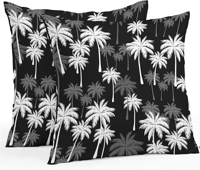 Throw Pillow Covers 18x18 Inch Set of 2, Tropical Palm Tree Waterproof Outdoor Pillow Covers, Black White Plants Coastal Leaf Beach Decorative Cushion Pillowcases for Couch, Sofa, Bed, Garden, Patio