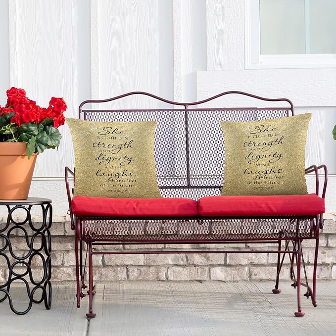 Swono Pillow Covers 18X18 Inch Set of 2 Holy Bible, Throw Pillow Cases Christian Quote Pillowcase Cushion Cover Decor for Home Sofa Bedroom, She Clothed with Strength and Dignity, Gold