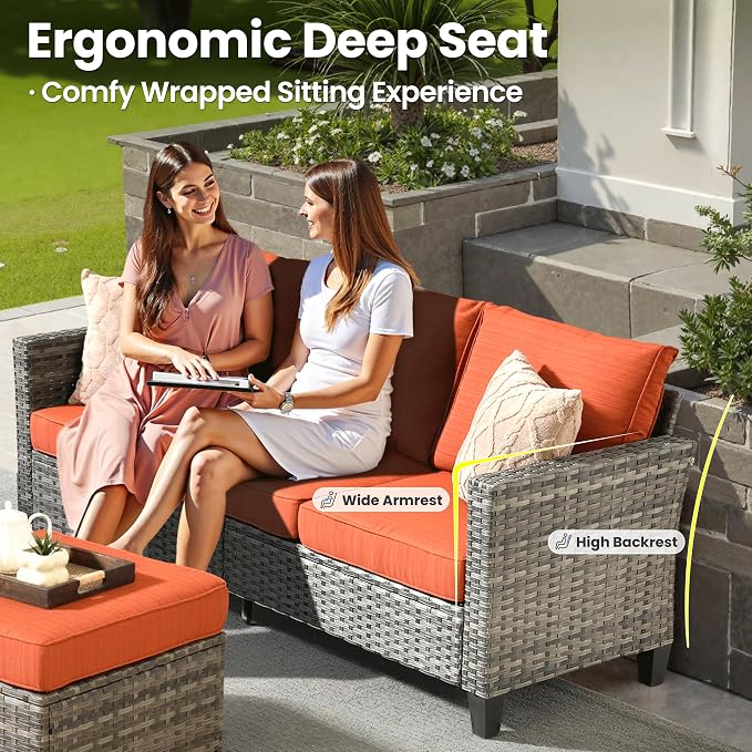 ovios 6 Pieces Patio Furniture Set with 54" Fire Pit Table, Outdoor Wicker Sofa with Comfy Cushions, All Weather High Back Rattan Couch Conversation Set, Orange Red