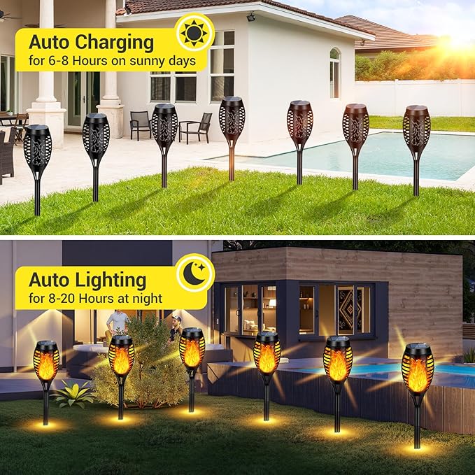 Solar Lights Outdoor, 4 Pack Solar Torch Light with Flickering Flame, Waterproof Outdoor Garden Lights for Yard, Tiki Torches for Outside Patio Pathway Decorations