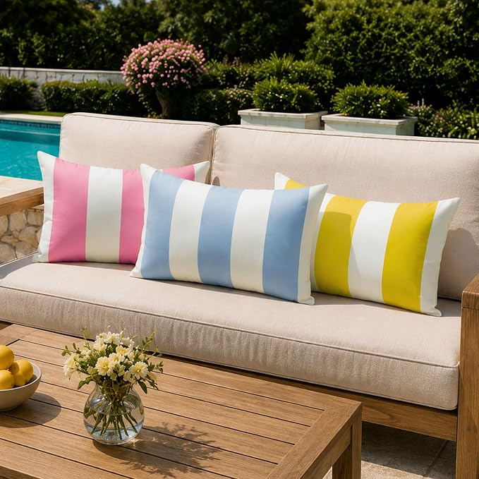 Allorry Lumbar Pillow Cover 12x20 Pink Striped Decoration Throw Pillow Covers for Spring Summer Outdoor Waterproof Garden Patio Furniture Sofa Bed Home Decor JB016-F12