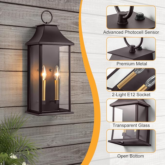 Oil Rubbed Bronze 20.6" Outdoor Wall Light, Aluminium | Dusk to Dawn, Large Outside Wall Sconce, Modern Exterior Wall Lantern with Glass, Waterproof, For House, Porch