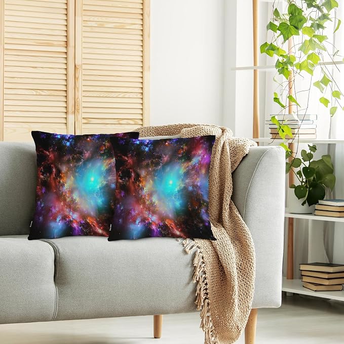 Swono Galaxy Space Pack of 2 Decorative Throw Pillow Covers Cushion Covers, Starry Outer Space Galaxy Milky Way Couch Pillow Case Boho Cushion Pillowcase for Bedroom Sofa Living Room 18X18 Inch