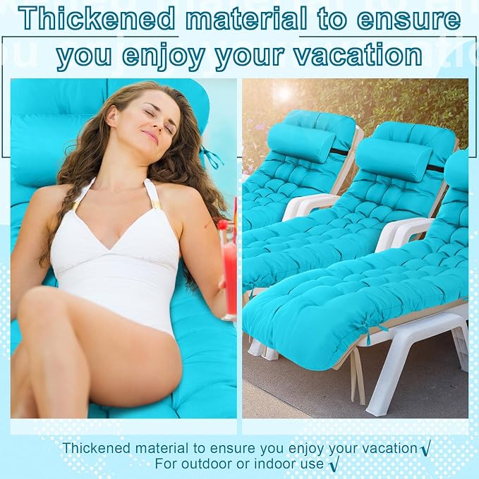 Tudomro Outdoor Chaise Lounge Cushion 66x21x4'' Waterproof & Fade-Resistant Patio Pool Chaise Lounge Cushion Headrest Pillow Tie Replacement Rocking High Back Chair(Turquoise,1 Pcs)