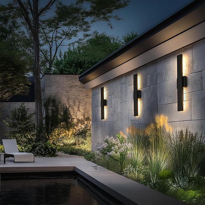 23.6inch Long Outdoor Modern LED Wall Light,24W Waterproof IP65 Warm White Led Wall Mount Lighting Fixture Black Outdoor Wall Sconces Outside Lights for House Garage Front Door Patio 2Pack