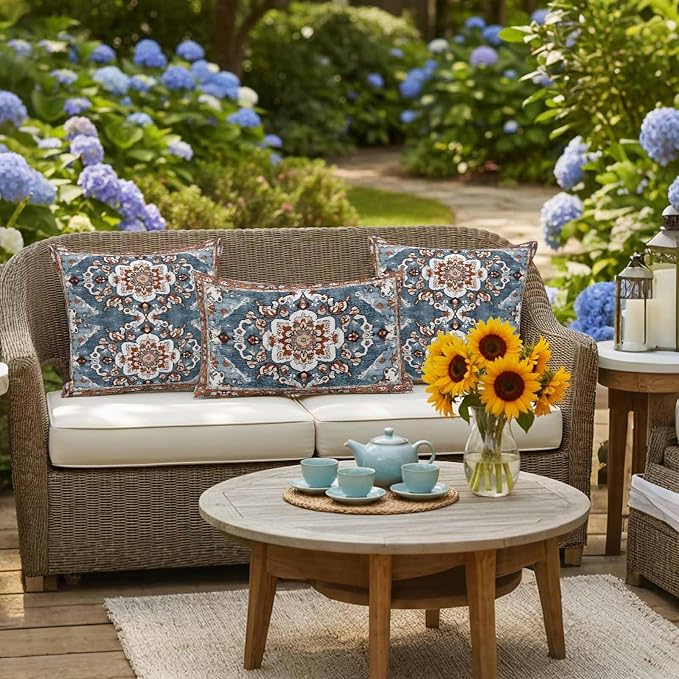 Blue Bohemian Waterproof Outdoor Pillow Covers Set of 2 Home Decor, Retro Pattern Oriental Farmhouse Ethnic Pillowcase Patio Pillow Covers for Couch Bench Furniture Garden 16x16in