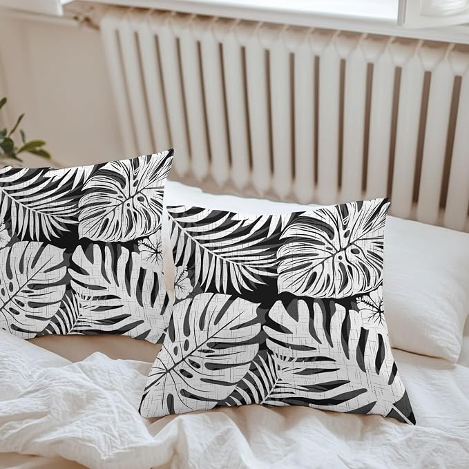 Black Palm Leaves Outdoor Pillow Covers 24"x24" Set of 2, Tropical Botanical Minimalist Modern Waterproof Throw Pillow Covers for Patio Furniture, Decorative Cushion Covers for Porch