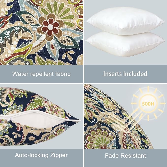 LVTXIII Outdoor Throw Pillows 18x18 Patio Waterproof Square Pillows with Piping Fade Resistant Accent Pillow for Spring Summer Garden Decoration, Set of 2, Paisley Sapphire Blue