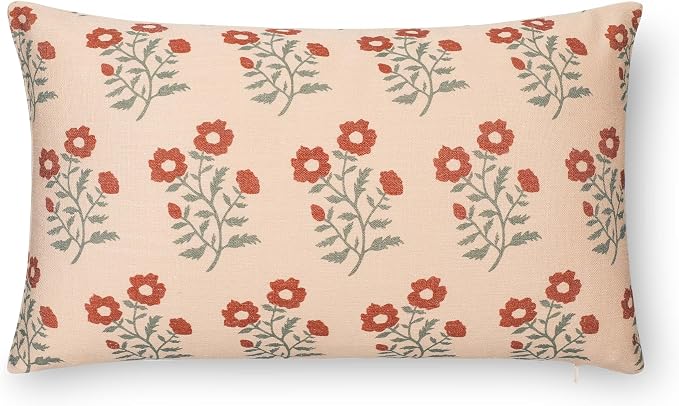 Modern Farmhouse California Casual Indoor Outdoor Lumbar Pillow Cover, 12"x20" Water Repellent for Patio, Backyard, Couch, Poolside, Rust Orange Green Print Block Painting Flowers