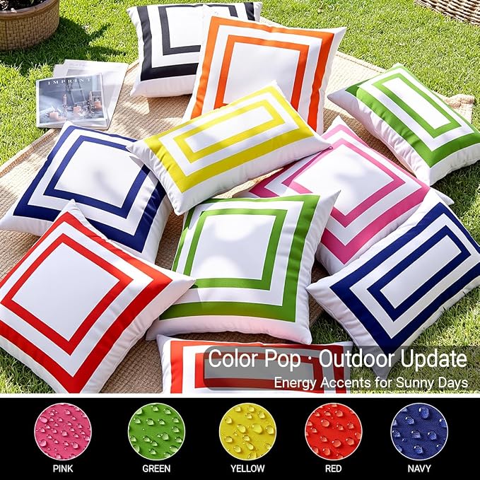 JOJOGOGO White Outdoor Lumbar Pillow Covers Waterproof 12x20 Set of 2, White and Black Decorative Outdoor Waterproof Boho Pillows 12 x 20 for Patio Furniture Farmhouse (Black Border)