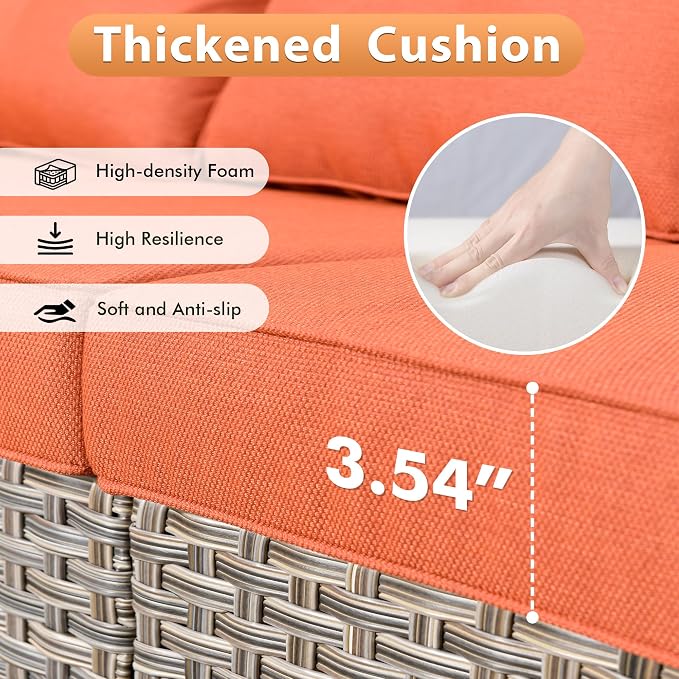 6 PCS Outdoor Patio Furniture Sets,Patio Conversation Sets Outside Rattan Soft Cushion Sofa with 2 Wicker Rocking Chairs & 54 in Fire Pit Table Fit Backyard Porch Garden Poolside Balcony,Orange Red