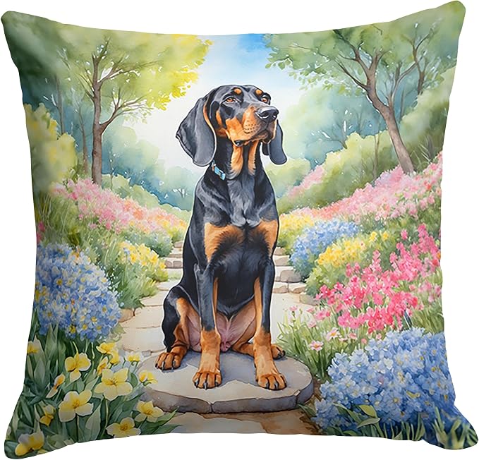 Caroline's Treasures Black and Tan Coonhound Spring Path Throw Pillow Machine Washable, Indoor Outdoor Decorative Pillow for Couch, Bed or Patio, 18Hx18W