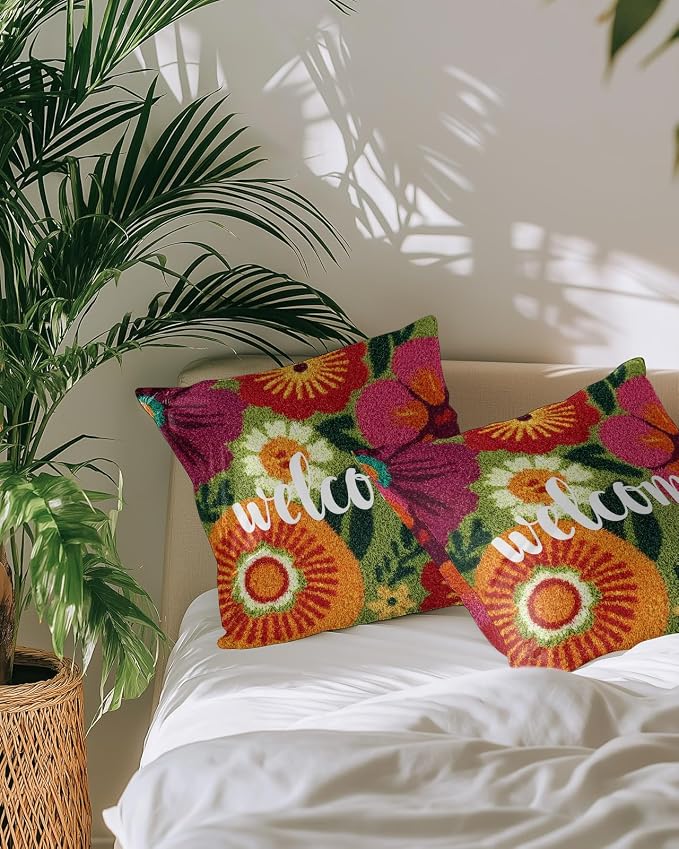 Outdoor Waterproof Throw Pillows 12x20in, Farmhouse Rustic Orange Red Floral Patio Pillows Pack of 2, Decorative Pillow Covers with Insert, Pillow Cushion Case for Garden Abstract Green Leaves