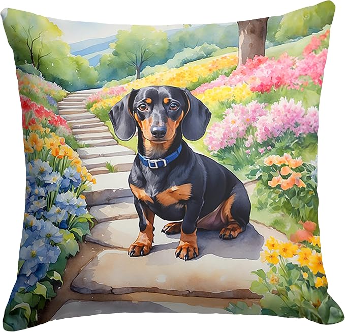 Caroline's Treasures Dachshund Spring Path Throw Pillow Machine Washable, Indoor Outdoor Decorative Pillow for Couch, Bed or Patio, 14Hx14W